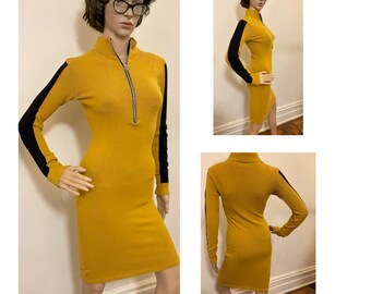 Vtg 90’s Mandarin Gold Sweater Dress with Brown Striped Sleeves Extra Small