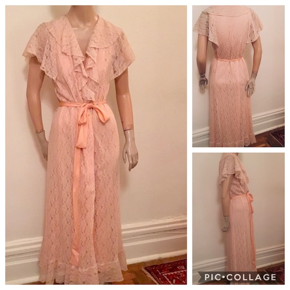 1940's Peach Lace Dressing Gown,silver screen robe