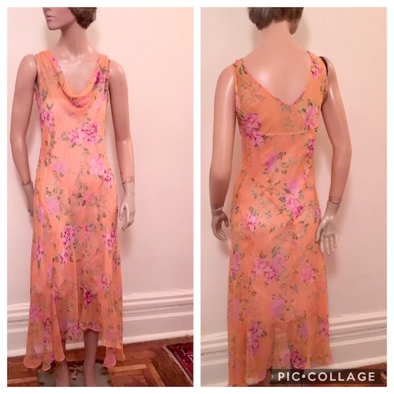Classic peach floral chiffon bias cut flapper gown