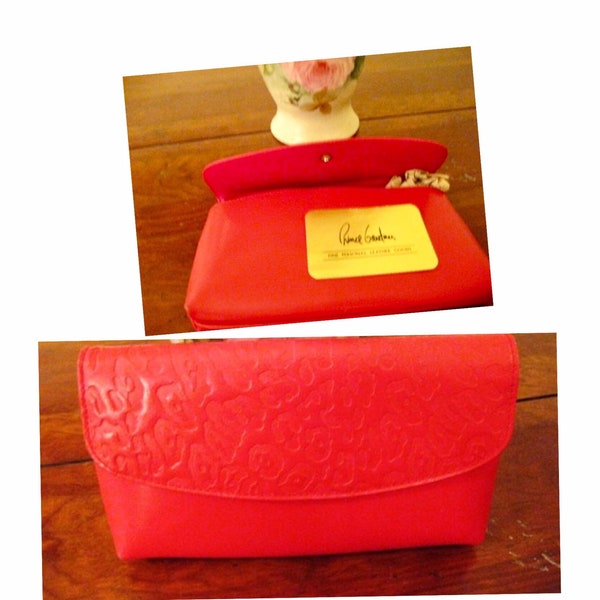 50s Apple Red Prince Gardner Billfold/clutch,mid century leather clutch,embossed floral leather clutch,mod red leather clutch