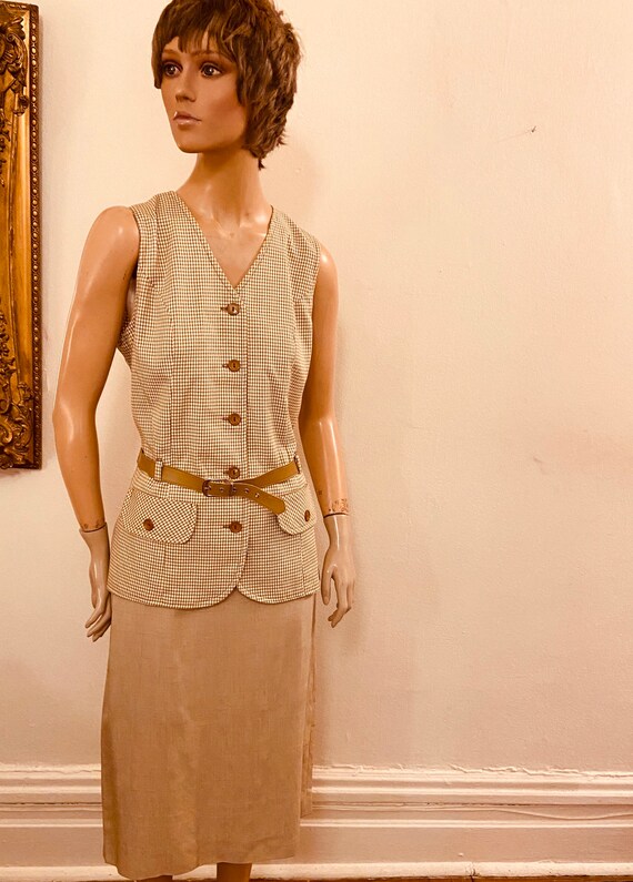 70’s beige and tan check Vest Safari style Medium