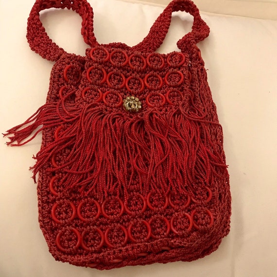 70's Rust Red Hand Macramed handbag with fringes