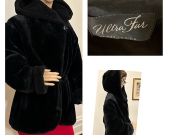 Vtg Black Faux Fur Coat By Ultra Furs Made In USA Size Medium sporty Hoodie Vibe