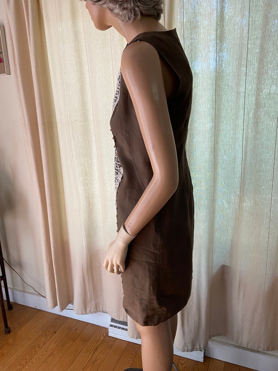 Vtg Carol Little Cocoa Brown Linen Dress With Whi… - image 3