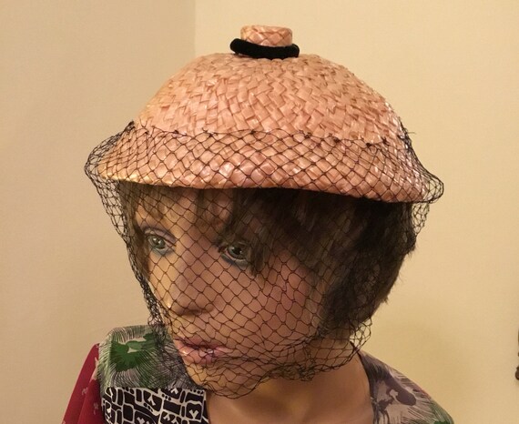 50's pink cellophane straw hat with full face blac
