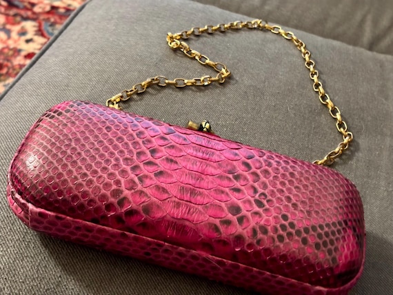 fuchsia-colored python-embossed  clutch with a go… - image 5