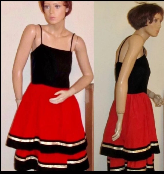 I. Magnin 50’s Party dress Black velvet, red & go… - image 1