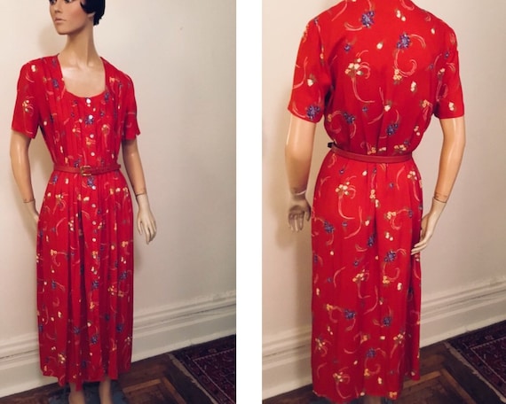 Vintage red floral rayon crepe dress large