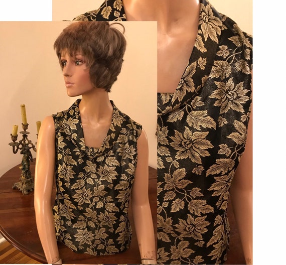 SALE 60's Black & Gold Brocade Top Large