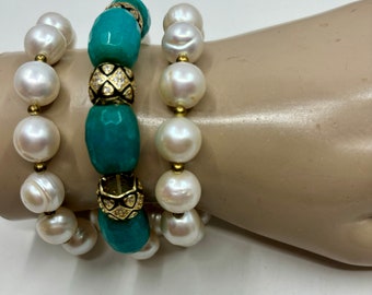 Statement Bracelet Faux Pearls, Emeralds & Gold Size 6 1/2