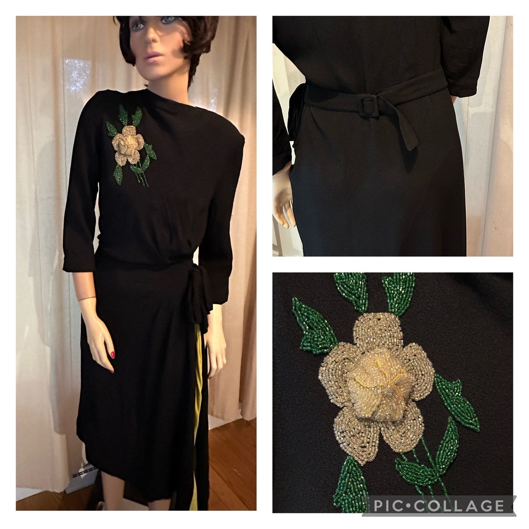 1940s Black Crepe Dinner Dress With Sequin Floral Appliqué Etsy