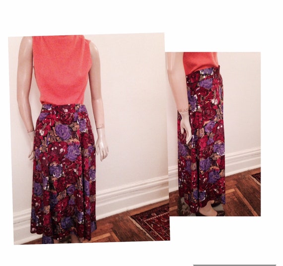 90's Floral Roses Gathered Maxi Skirt Medium - image 1