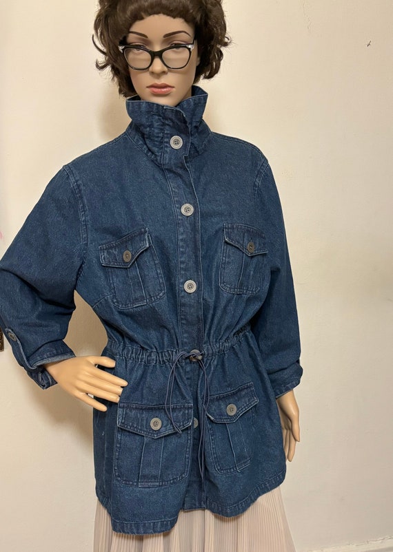 Blue Denim Jacket Safari  Long Sleeve Banded Colla