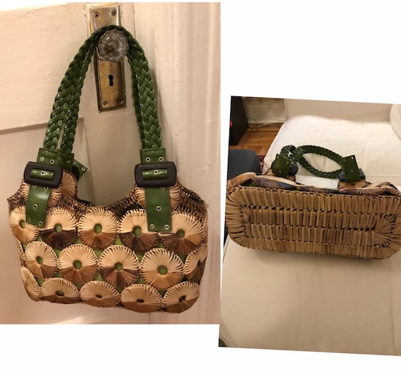 60's tan and brown straw tote with avocado green p