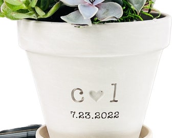 Flowerpot Gift 4 inch White Granite Clay Flower Pot | Initials + Heart Engraved | Gift for Her | TerraCotta Planter New Size | Anniversary