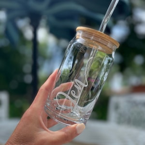 New Item! 12 oz Glass Soda Can with Bamboo Lid & Glass Straw | Drinking Soda Can Glass | Deep Etched with Name | Iced Coffee Glass with Lid