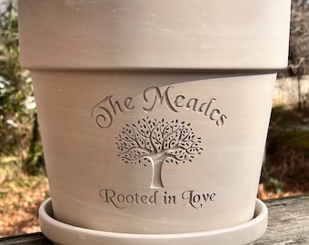 Rooted in Love | Engraved Custom Carved Terra Cotta Flower Pot | Planter | White Granite Marble, Red, or Basalt Clay | Tree of Life