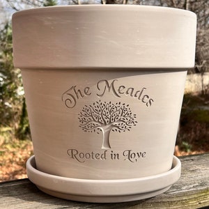 Rooted in Love Engraved Custom Carved Terra Cotta Flower Pot Planter White Granite Marble, Red, or Basalt Clay Tree of Life image 1