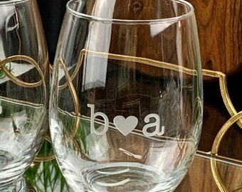 Personalized Stemless Wine Glasses with initials + heart | Custom Etched Wine Glass | Choose upper or lower case font | Wine Gift for couple