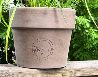 Custom Logo | Deep Etched Custom Clay Flower Pot | Engraved Flowerpot | Terra cotta Planter | White Granite Marble, Red, or Basalt Clay