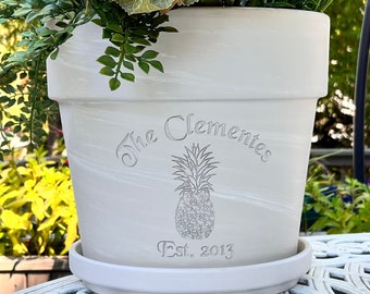 Engraved Custom Carved Terra Cotta Flower Pot | Pineapple Etched in flowerpot with family name personalized