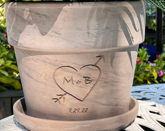 Gift for Couple | Heart + Initials Deep Etched Clay Flower Pot | Engraved Flowerpot | Terra cotta, White Granite Marble, Red, or Basalt Clay