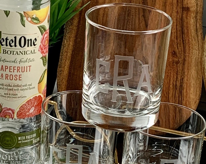 Monogrammed Double Old Fashion Beverage Glasses Engraved | Personalized + Hand Cut to Order |  Whiskey | Smoked Old Fashioned | On the Rocks