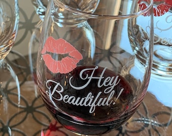 Girlfriend's Wine Night| Engraved Gift for Her | Wine Gift for Friend | Wine Glass with Red or Pink Lips Kiss | Stemless Wine Glass Gift