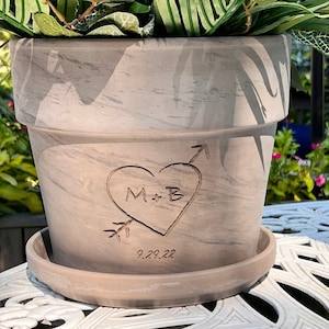 Gift for Couple | Heart + Initials Deep Etched Clay Flower Pot | Engraved Flowerpot | Terra cotta, White Granite Marble, Red, or Basalt Clay