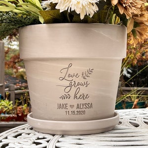 Wedding or Anniversary Gift Deep Etched Custom Clay Flower Pot Engraved Flowerpot Terra cotta Planter Love Grows Here Choose Color image 2