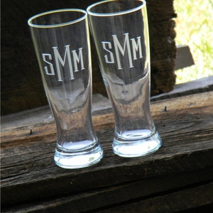 Set of 4 Monogrammed Beer Pilsner Glass with custom initials hand engraved to order. image 3