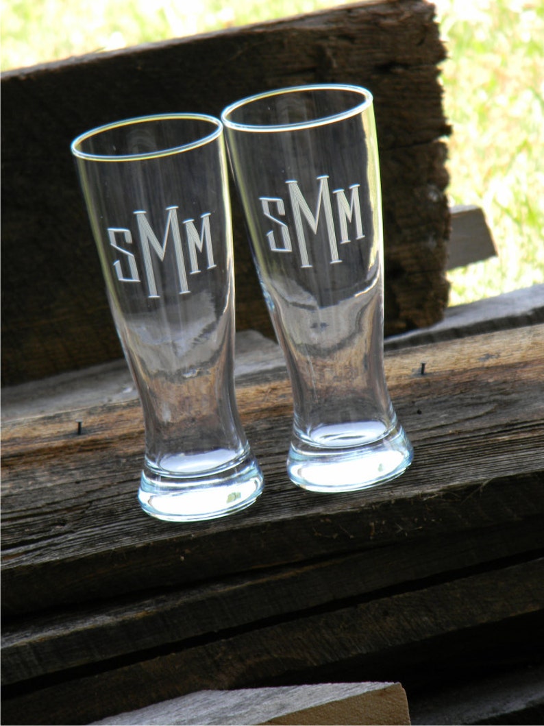 Set of 4 Monogrammed Beer Pilsner Glass with custom initials hand engraved to order. image 3