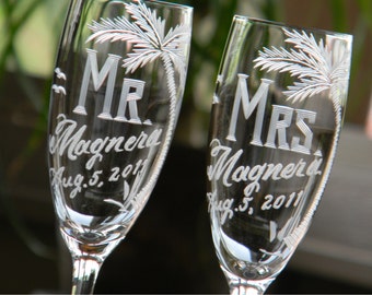 Personalized Mr and Mrs Champagne Toasting Flutes for bride and groom's beach theme destination wedding, Set of 2