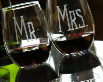 Gift for Couple - 15 oz or 21 oz MR & MRS Stemless Wine Glasses, Set of 2