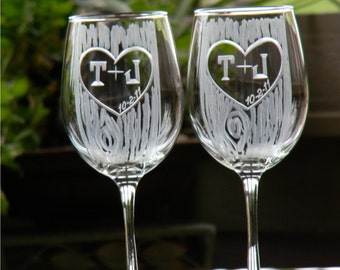 Anniversary or Engagement Carved Tree Trunk Wine Glasses with Heart and Initials-Set of 2