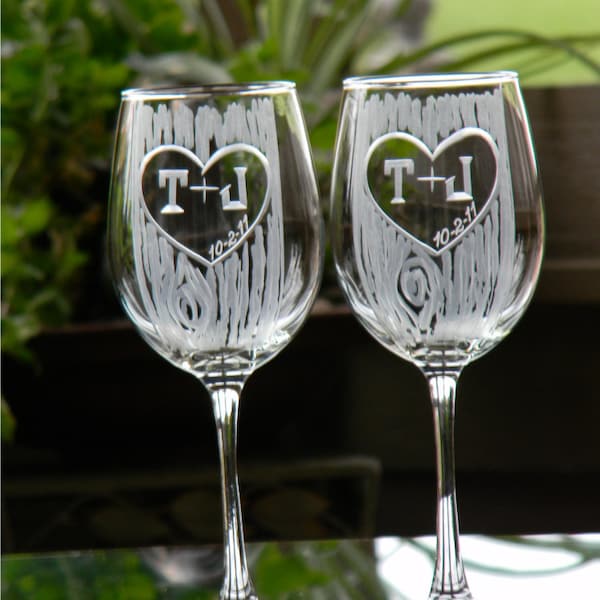 Carved Tree Trunk Wine Glasses with Heart and Initials, Set of 2