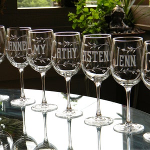 Custom Engraved Wine Glasses Personalized with Name on each | Hand Cut Glassware | 16 oz or 19 oz Wine Glasses with Stem
