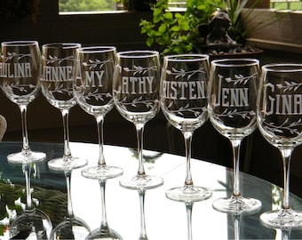 Custom Engraved Wine Glasses Personalized with Name on each | Hand Cut Glassware | 16 oz or 19 oz Wine Glasses with Stem
