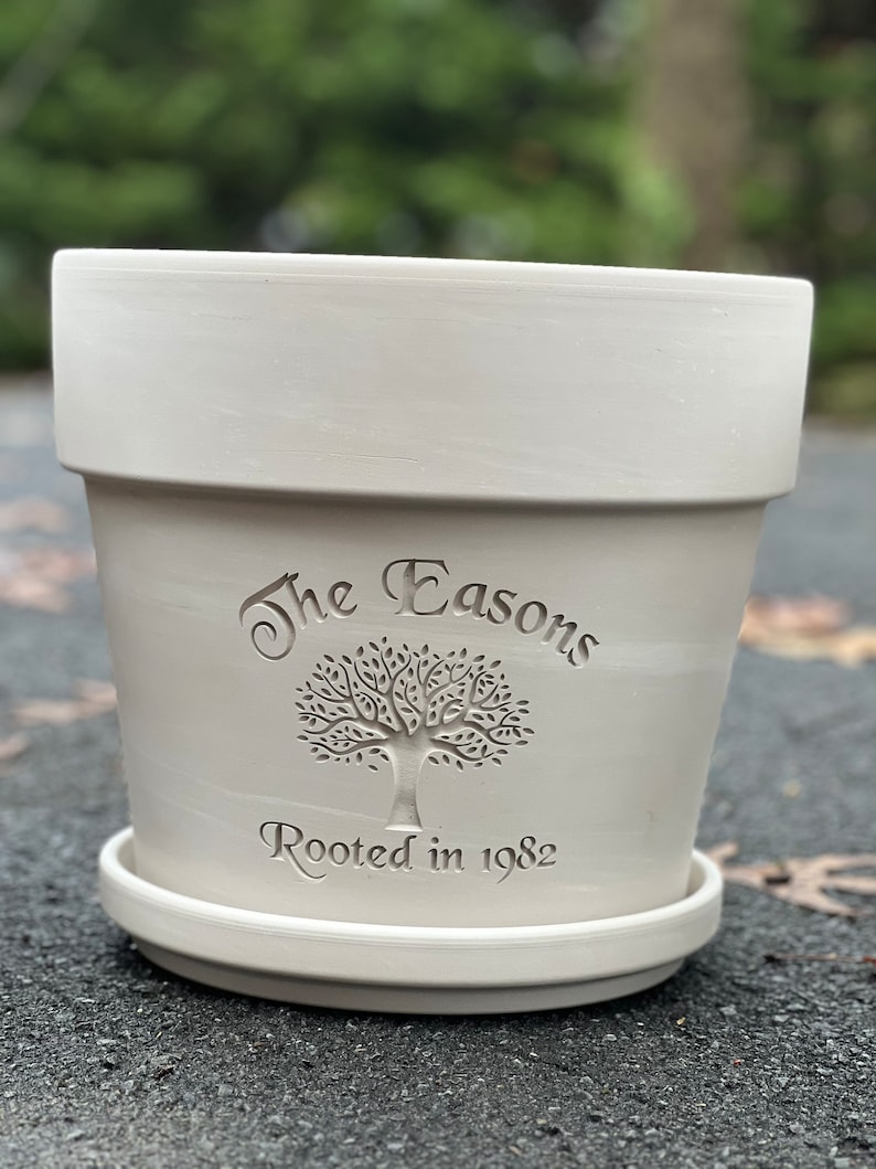 Rooted in Love Engraved Custom Carved Terra Cotta Flower Pot Planter White Granite Marble, Red, or Basalt Clay Tree of Life image 5