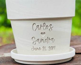 Couples Gift | Deep Etched Custom Clay Flower Pot | Engraved Flowerpot | Terra cotta Planter | White Granite Marble, Red, or Basalt Clay