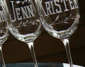Wheel Cut Stemmed Wine Glasses Personalized with Name on each | Hand Cut Glassware | 16 oz or 19 oz