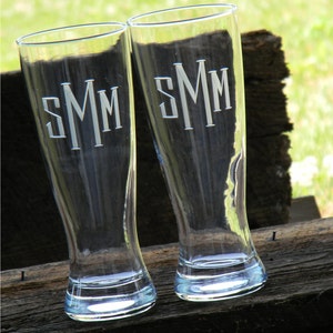 Set of 4 Monogrammed Beer Pilsner Glass with custom initials hand engraved to order. image 1