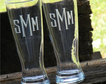 Set of 4 | Monogrammed Beer Pilsner Glass with custom initials hand engraved to order.