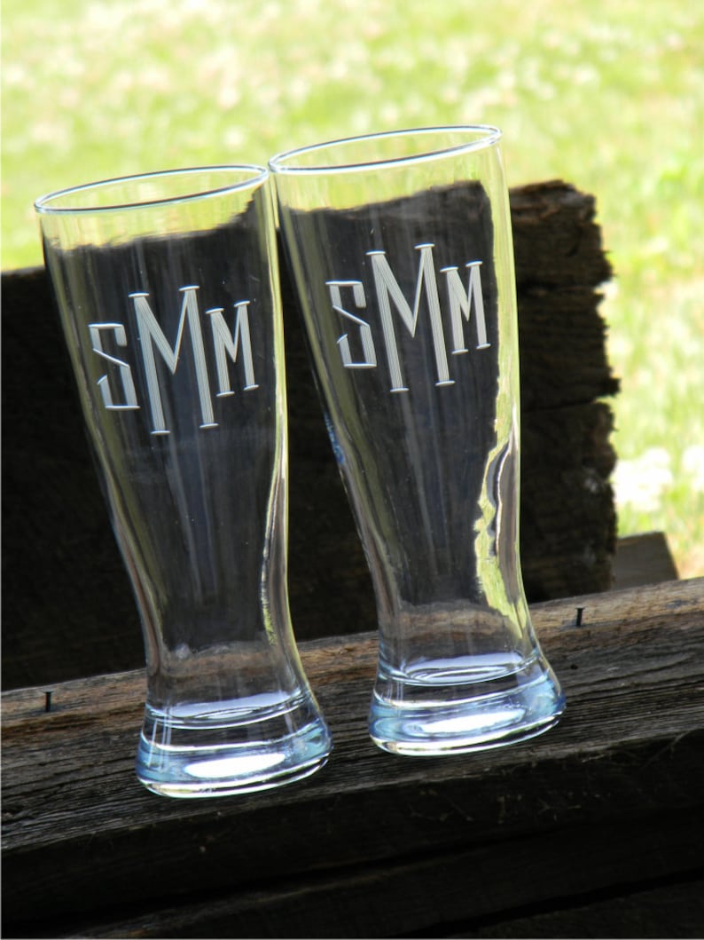 Set of 4 Monogrammed Beer Pilsner Glass with custom initials hand engraved to order. image 1