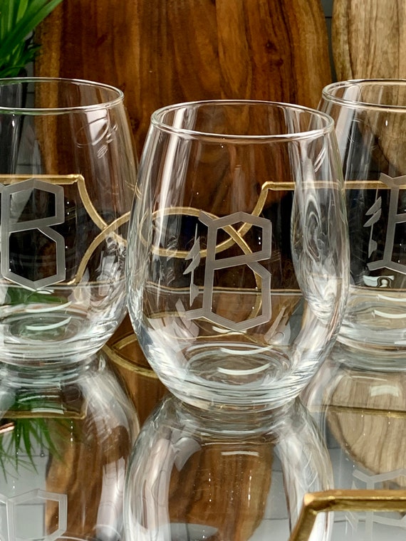 Set of 4 15 Oz. or 21 Oz. Stemless Wine Glasses Hand Engraved With