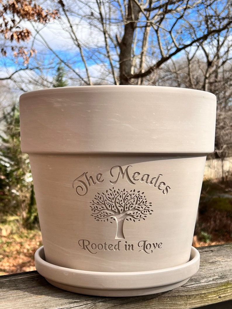 Rooted in Love Engraved Custom Carved Terra Cotta Flower Pot Planter White Granite Marble, Red, or Basalt Clay Tree of Life image 1
