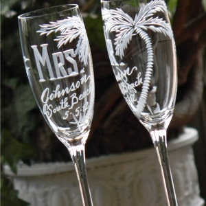 Beach Theme Destination Wedding Champagne Flutes. MR and MRS, palm tree and any location. South Beach, Key West, Cancun, Set of 2 image 2