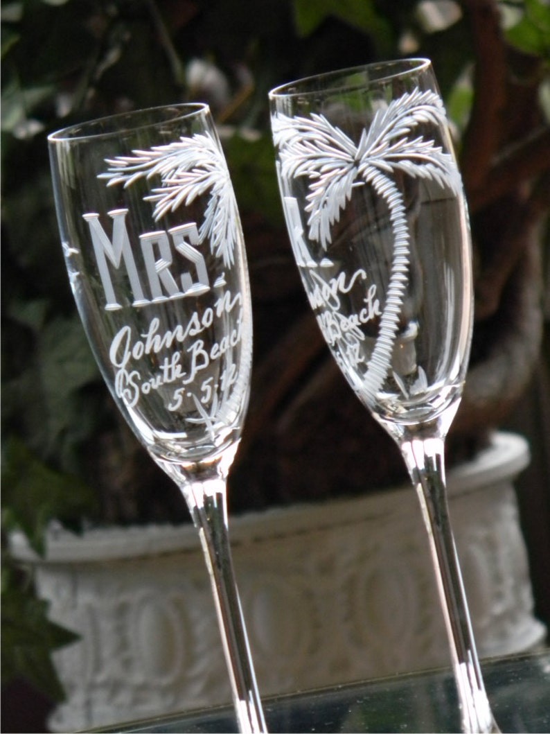 Beach Theme Destination Wedding Champagne Flutes. MR and MRS, palm tree and any location. South Beach, Key West, Cancun, Set of 2 image 2