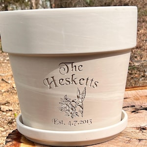 Engraved Custom Carved Hummingbird Terra Cotta Flower Pot | Planter | White Granite Marble or Terracotta