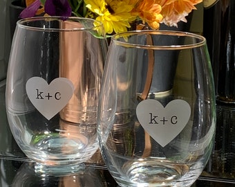 Wine Gift for couple | Forever stamped in my heart personalized Stemless Wine Glass | Custom Deep Etched Initials inside Frosted Heart